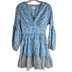 A Collective Story Blue Floral‎ Eyelet Mini Dress Cottagecore Boho Size M